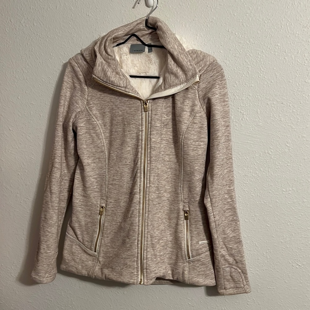 Athleta Luxe Stronger Hoodie Oatmeal Heather/ Faux Fur Size S